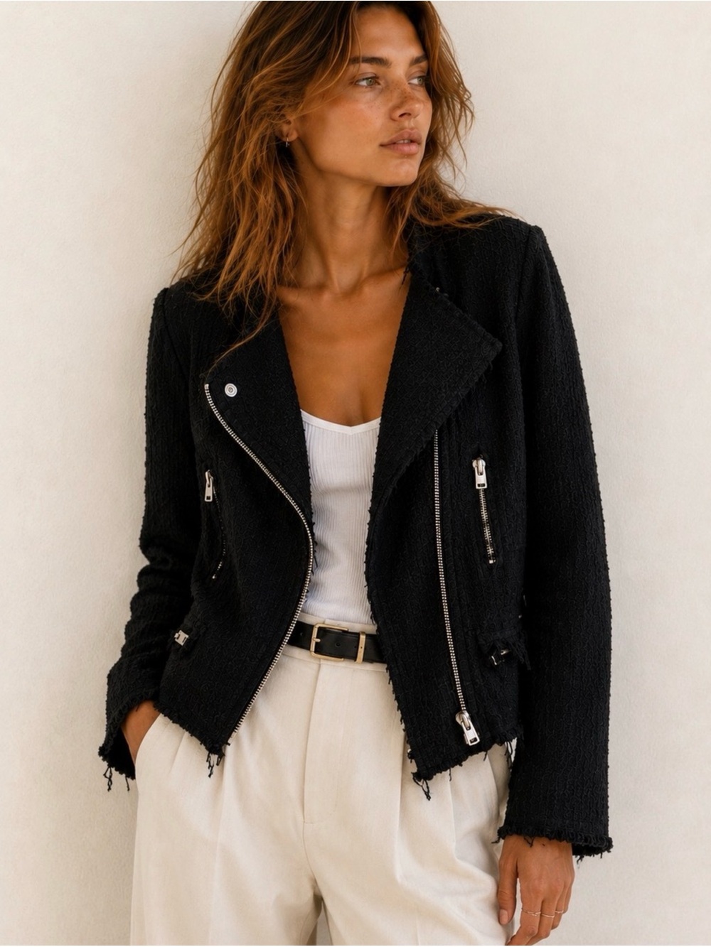 IRO Carlotaspe Black Tweed Cotton Moto Jacket Size 38 Small Minimalist